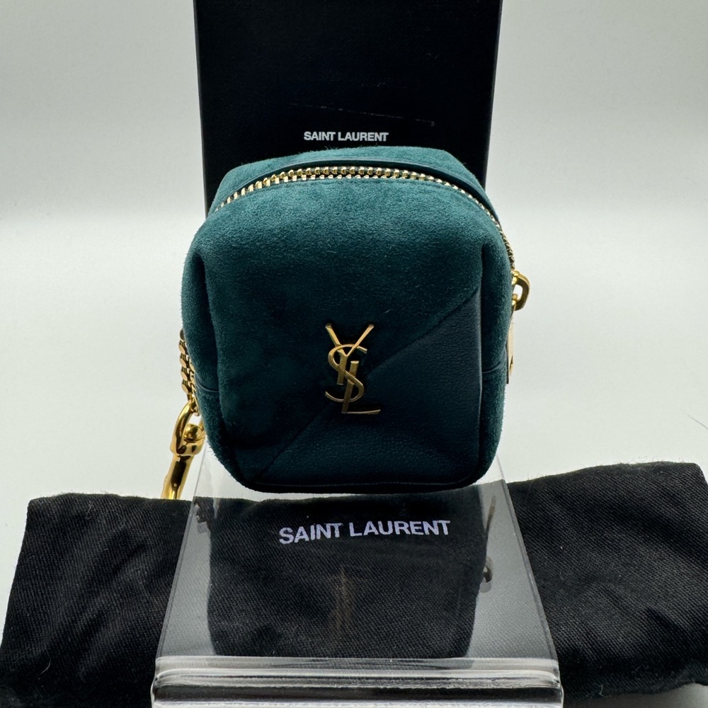 Saint Laurent YSL Bag Charm Jamie Cube Pouch Lambskin Suede Teal Green